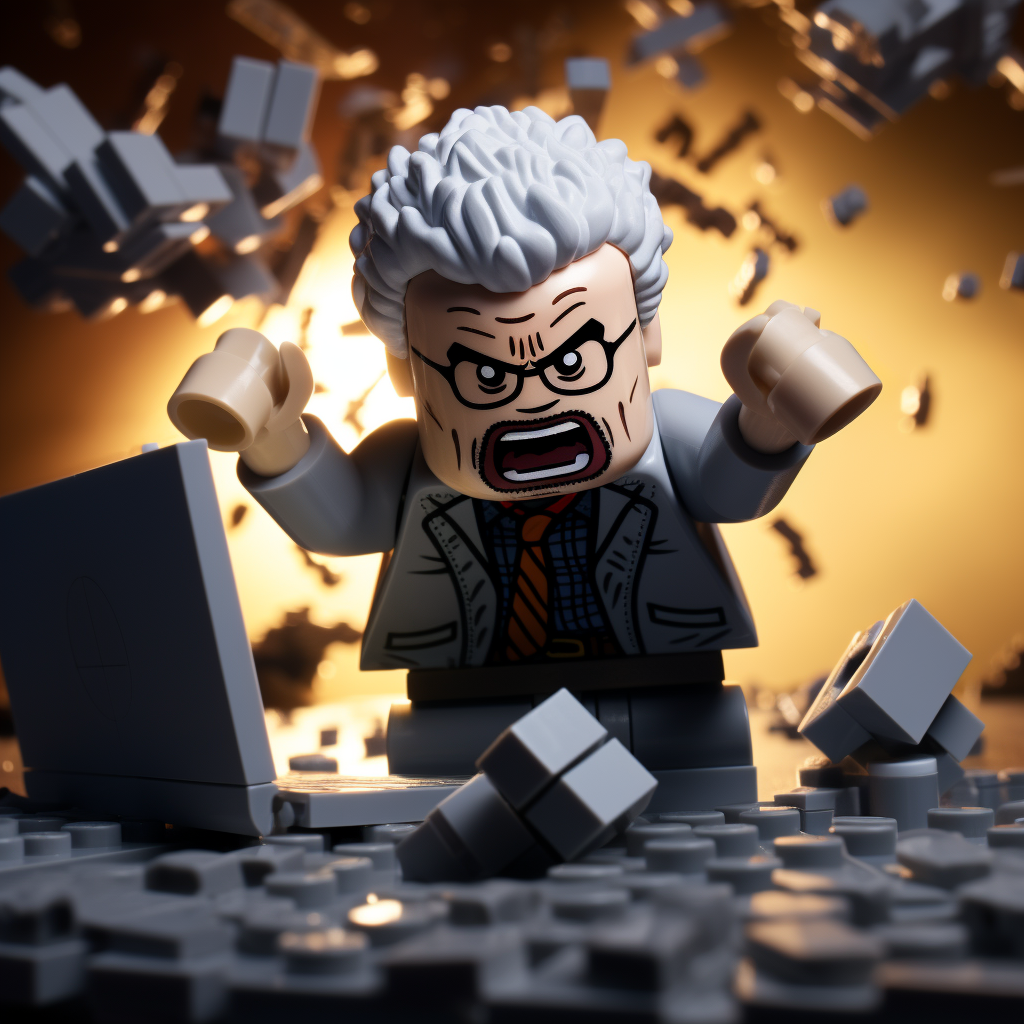 An angry lego man with grey lego bricks flying all around him