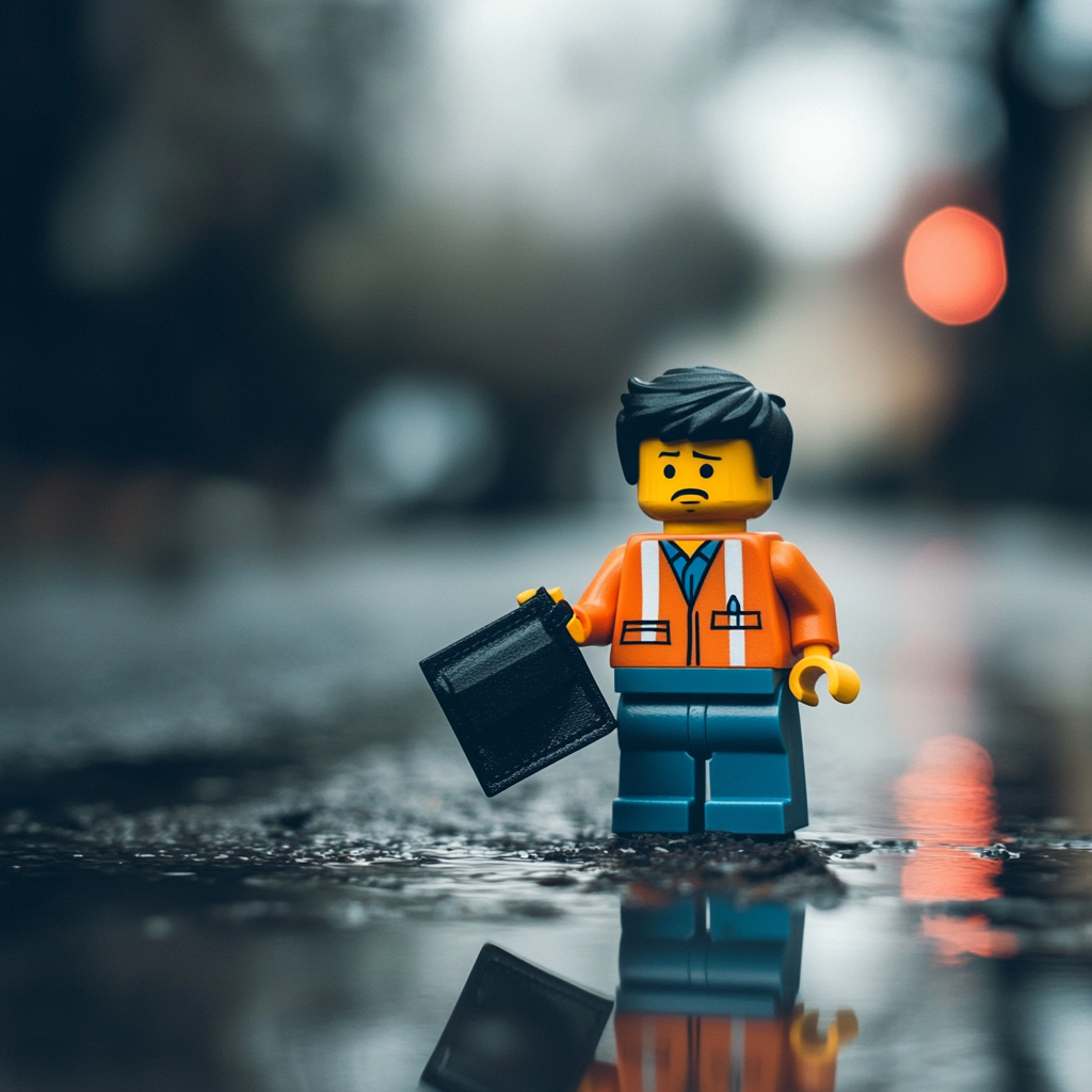 sad lego man in a pool of water