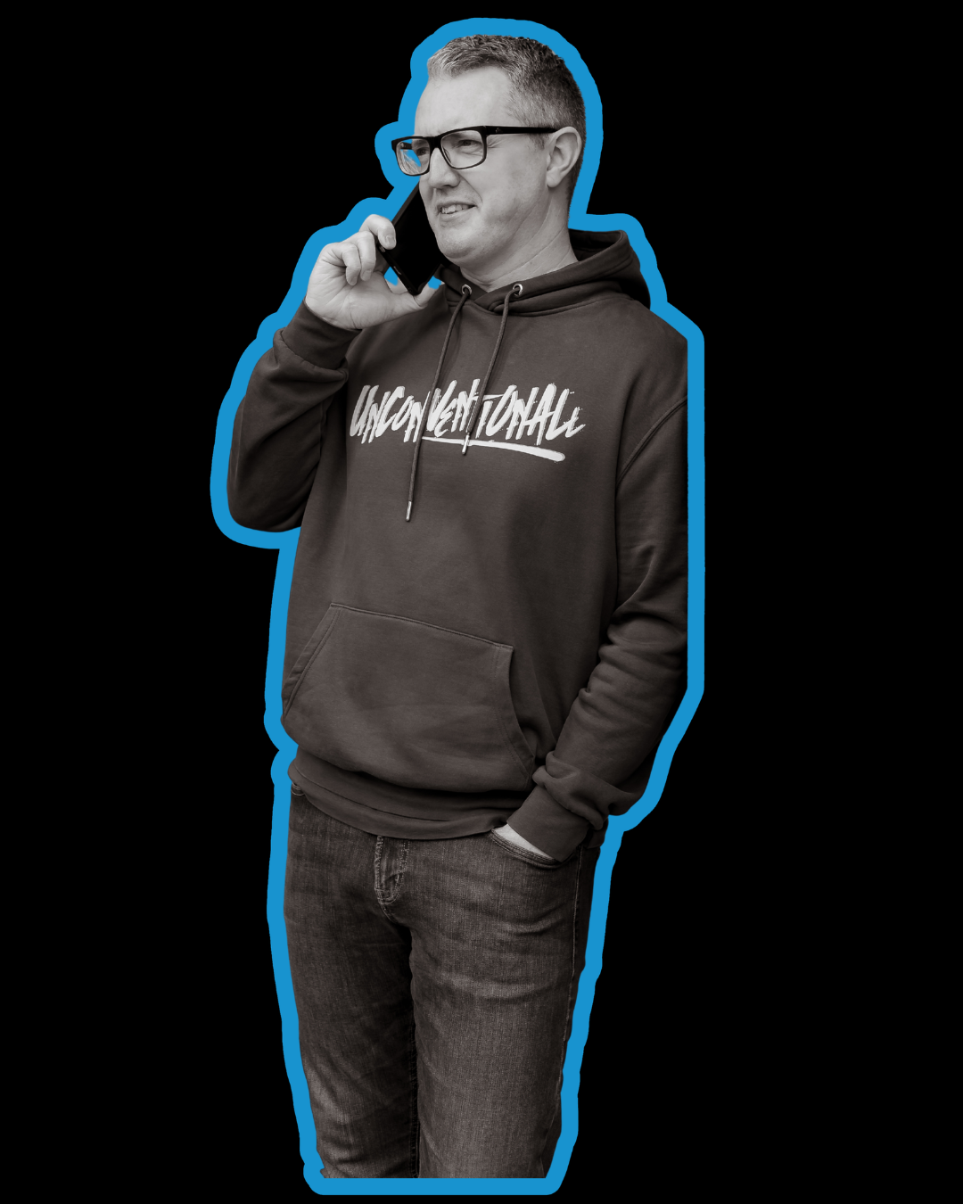 Andy talking to a client on the phone about their Social Media Management campaign.