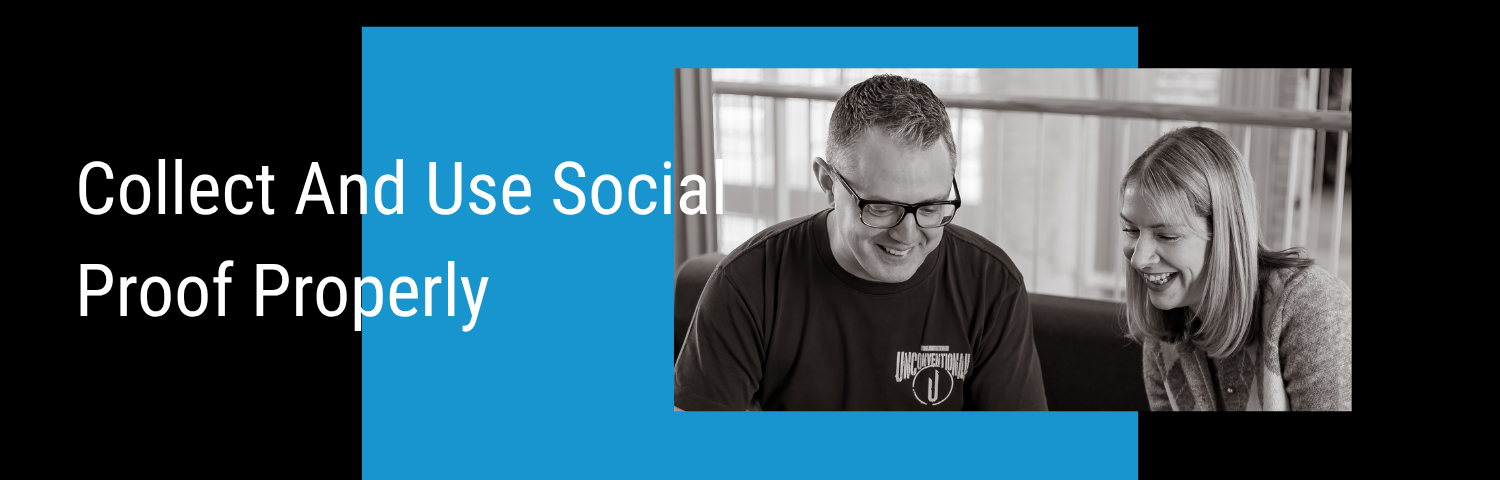 Blog banner for "Collect And Post Social Proof Without Annoying Your Team" Shows a colourful black and blue background with a photo of Andy and Lindsey and the blog title on it.